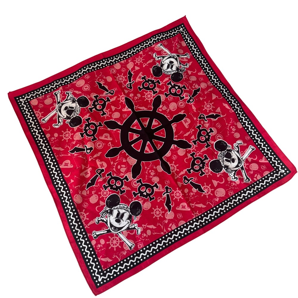 Disney Pirate Mickey Mouse Red Bandana 21" Cotton Square Scarf Skull Crossbones